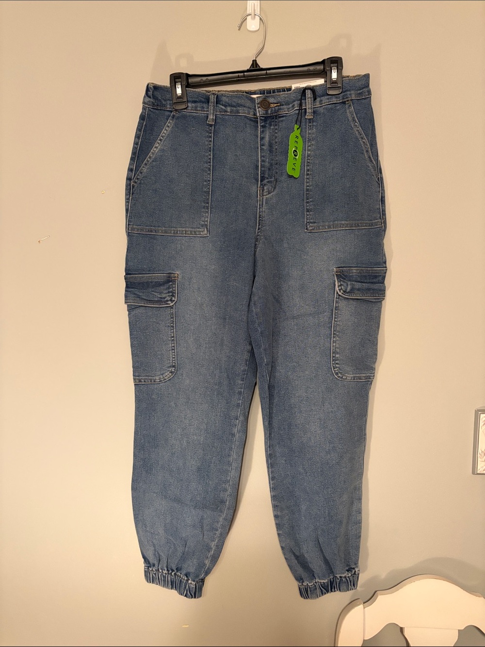 SO Women's Medium Blue Boyfriend Cargo Jeans with Elastic Ankles